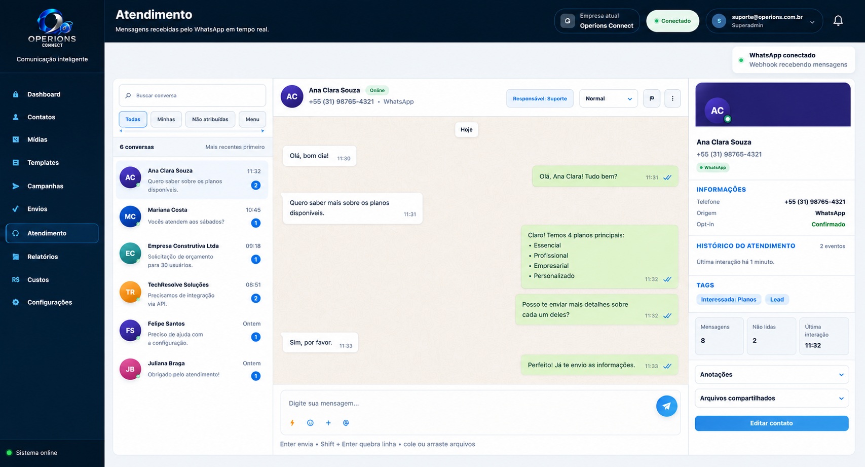 Tela de atendimento do Operions Connect
